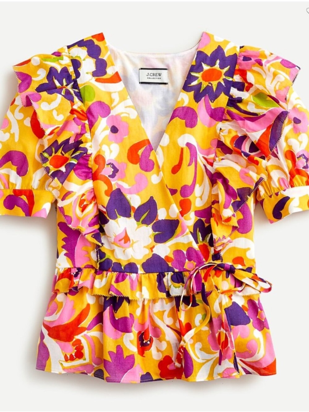 J. Crew Yellow Floral Ruffle Wrap Blouse